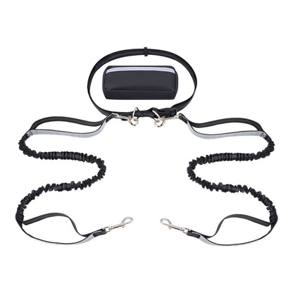 Hands-free dog leash featuring a double handle and reflective bungee design, equipped with an adjustable waist belt for safe and comfortable walking with your pet. 2