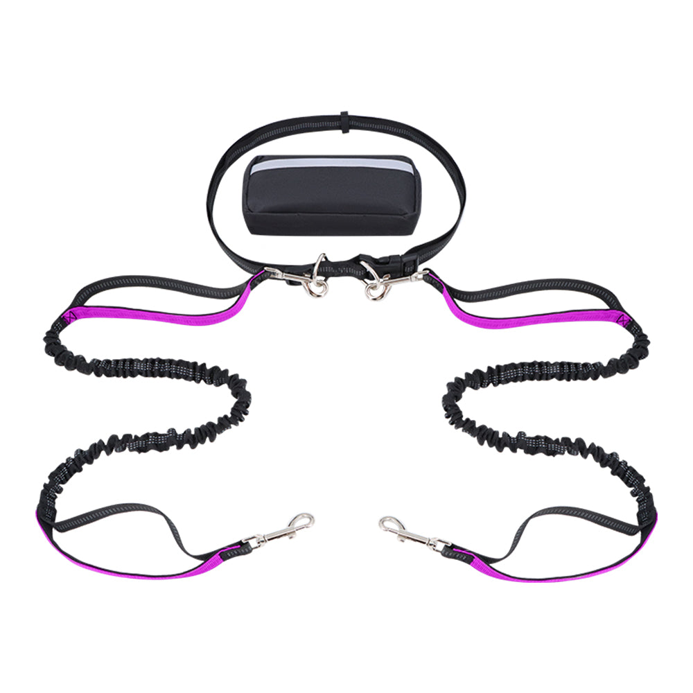 Hands-free dog leash featuring a double handle and reflective bungee design, equipped with an adjustable waist belt for safe and comfortable walking with your pet. 9