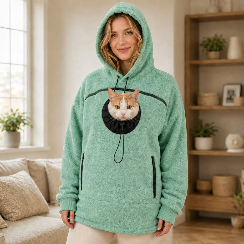 Hands-free pet carrier hoodie featuring an integrated pet pouch and adjustable opening, designed for comfort with cozy fleece material, perfect for carrying cats and small dogs. 0