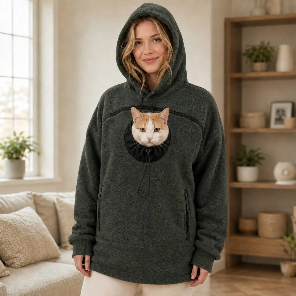 Hands-free pet carrier hoodie featuring an integrated pet pouch and adjustable opening, designed for comfort with cozy fleece material, perfect for carrying cats and small dogs. 1