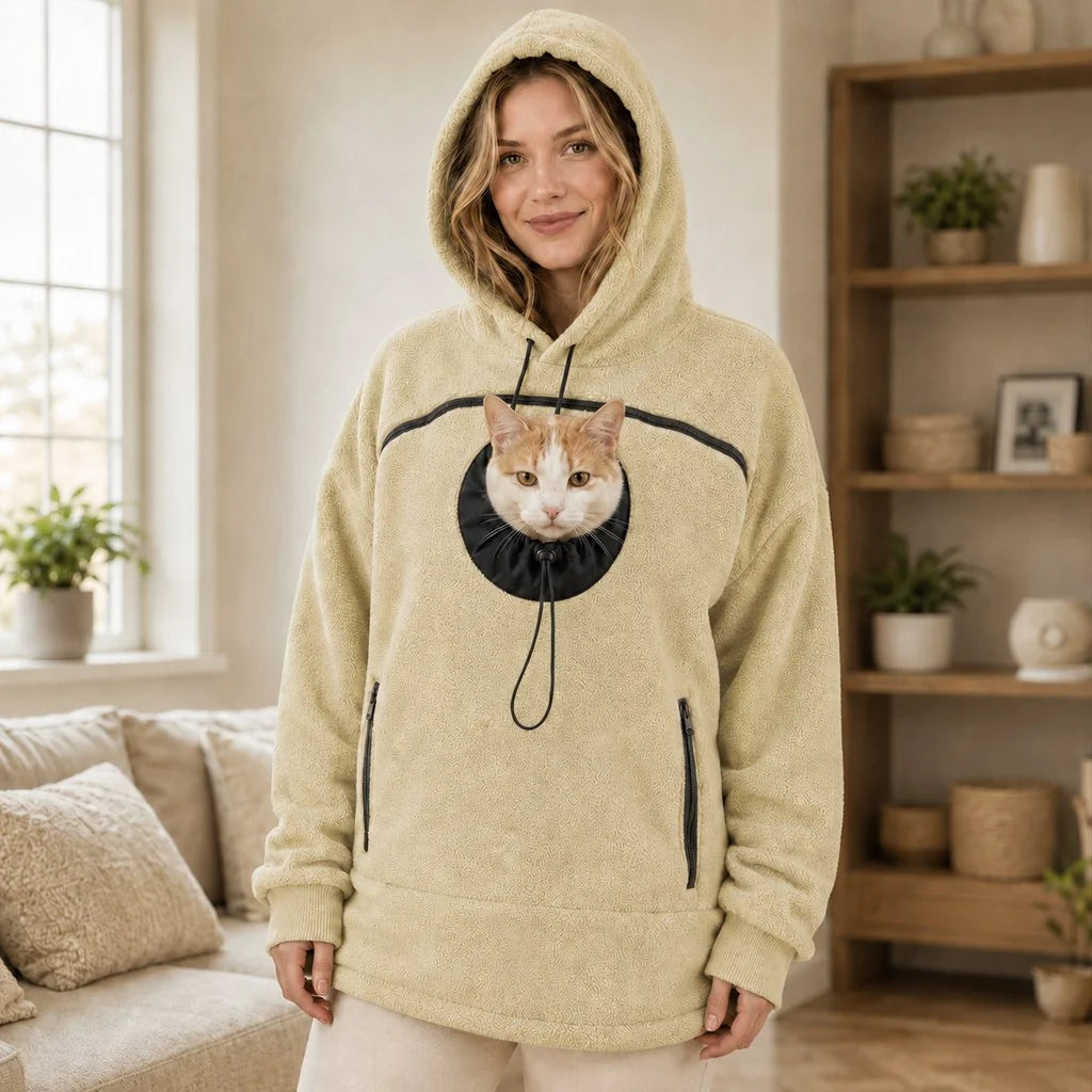 Hands-free pet carrier hoodie featuring an integrated pet pouch and adjustable opening, designed for comfort with cozy fleece material, perfect for carrying cats and small dogs. 10