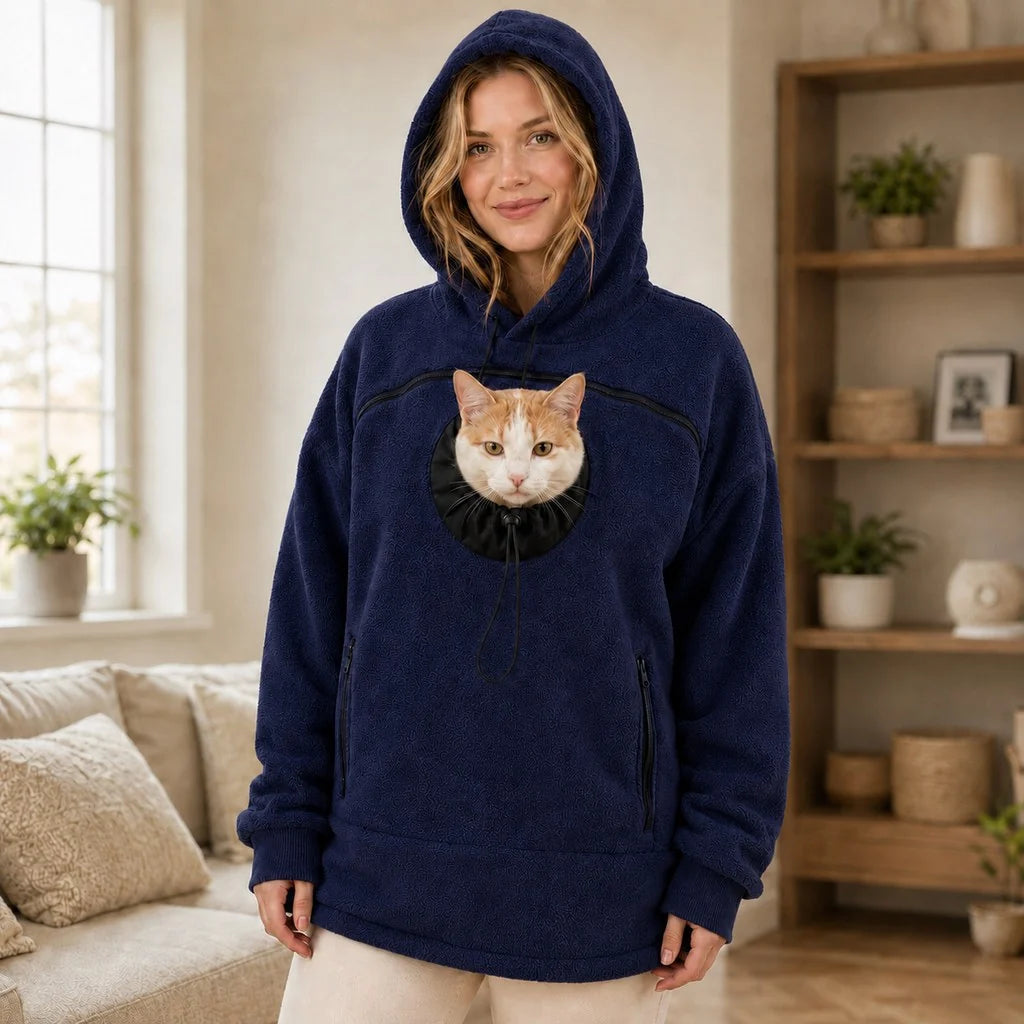 Hands-free pet carrier hoodie featuring an integrated pet pouch and adjustable opening, designed for comfort with cozy fleece material, perfect for carrying cats and small dogs. 11