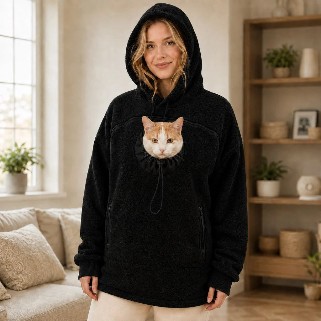 Hands-free pet carrier hoodie featuring an integrated pet pouch and adjustable opening, designed for comfort with cozy fleece material, perfect for carrying cats and small dogs. 12