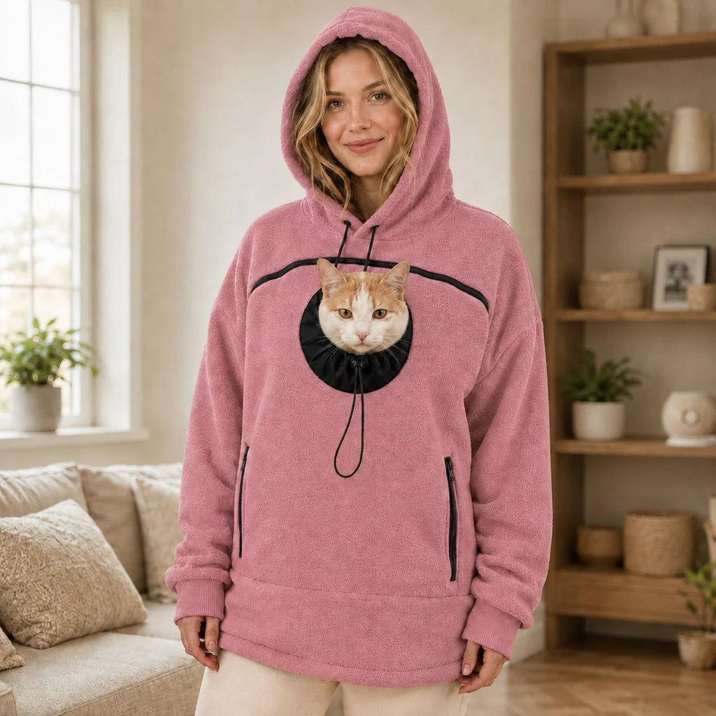Hands-free pet carrier hoodie featuring an integrated pet pouch and adjustable opening, designed for comfort with cozy fleece material, perfect for carrying cats and small dogs. 9