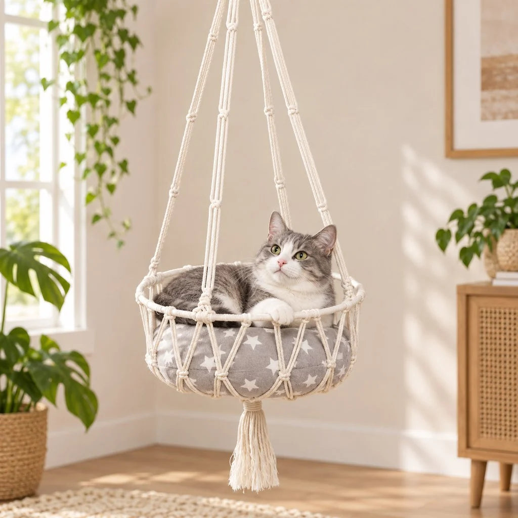 Handwoven cat bed with cushion, featuring an elevated macrame hammock design for indoor cats, showcasing a stylish boho aesthetic. 0