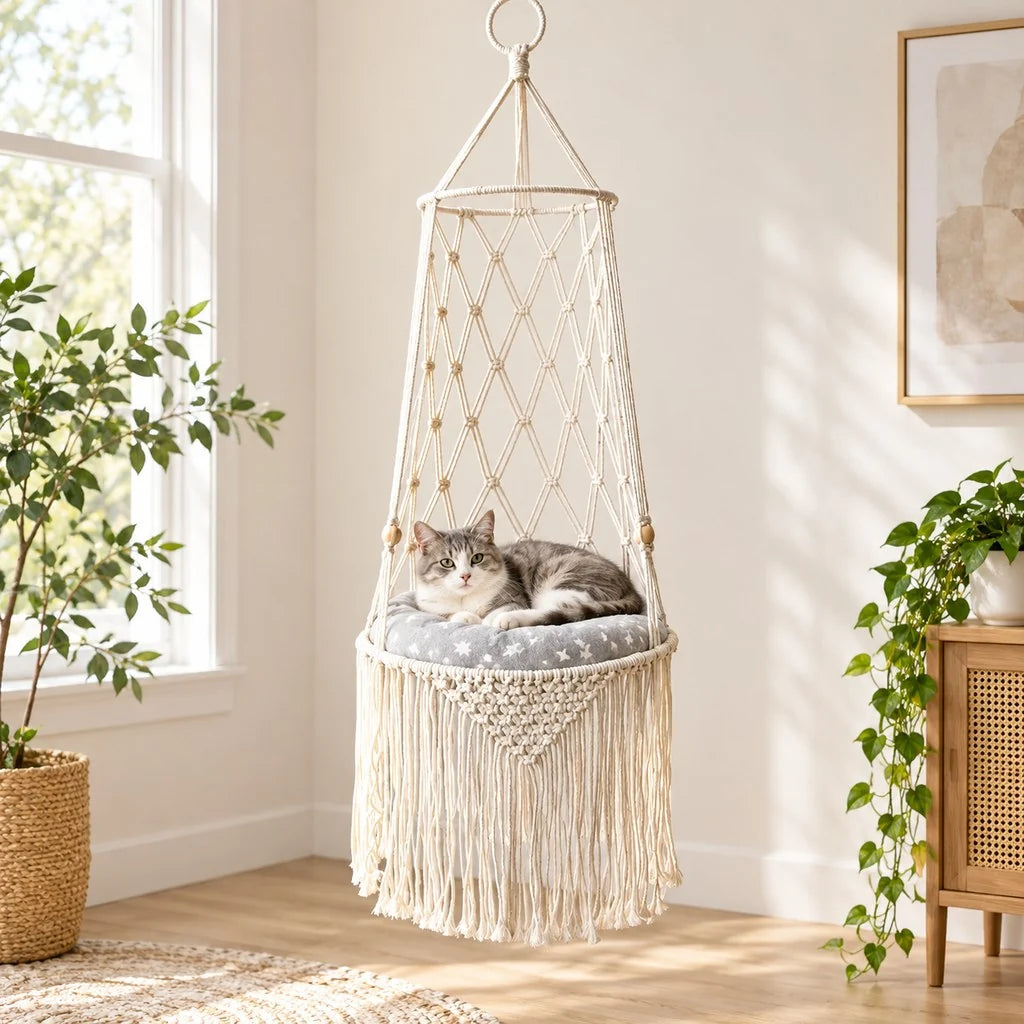 Handwoven cat bed with cushion, featuring an elevated macrame hammock design for indoor cats, showcasing a stylish boho aesthetic. 1