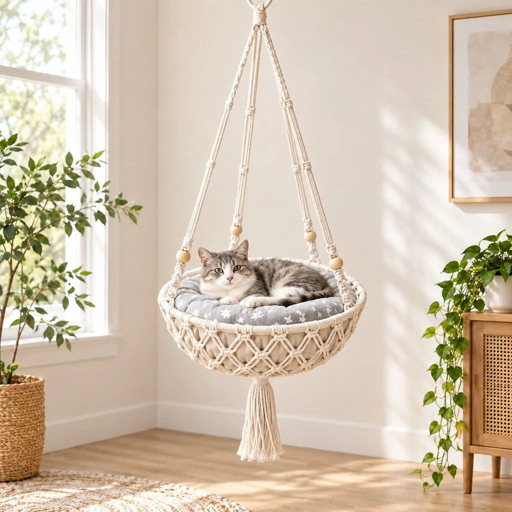 Handwoven cat bed with cushion, featuring an elevated macrame hammock design for indoor cats, showcasing a stylish boho aesthetic. 10
