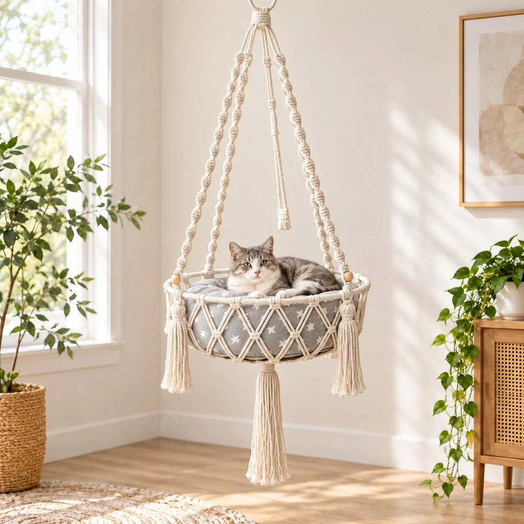 Handwoven cat bed with cushion, featuring an elevated macrame hammock design for indoor cats, showcasing a stylish boho aesthetic. 9