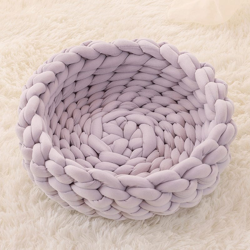 Handwoven cat bed in natural beige with a plush cushion and breathable design, perfect for small pets to relax and feel cozy. 0