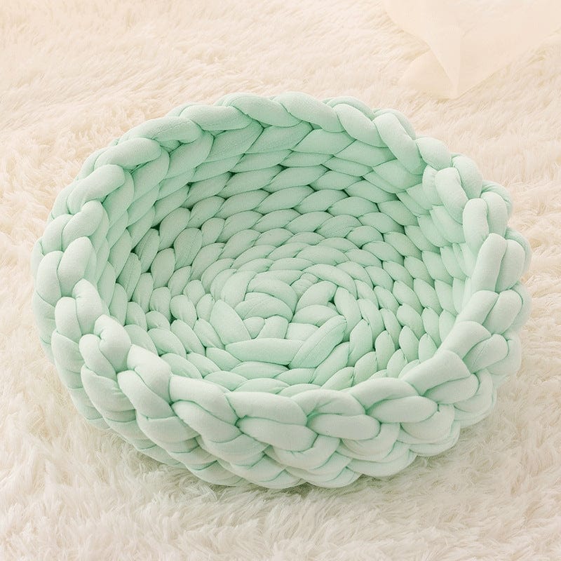 Handwoven cat bed in natural beige with a plush cushion and breathable design, perfect for small pets to relax and feel cozy. 10