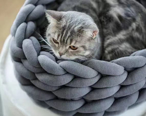 Handwoven cat bed in natural beige with a plush cushion and breathable design, perfect for small pets to relax and feel cozy. 6