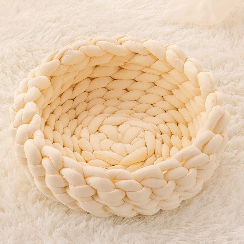 Handwoven cat bed in natural beige with a plush cushion and breathable design, perfect for small pets to relax and feel cozy. 7