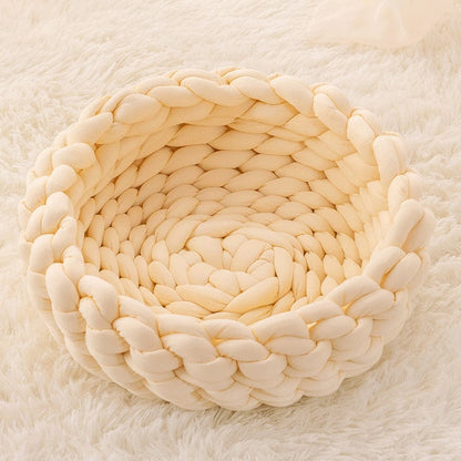 Handwoven cat bed in natural beige with a plush cushion and breathable design, perfect for small pets to relax and feel cozy. 7