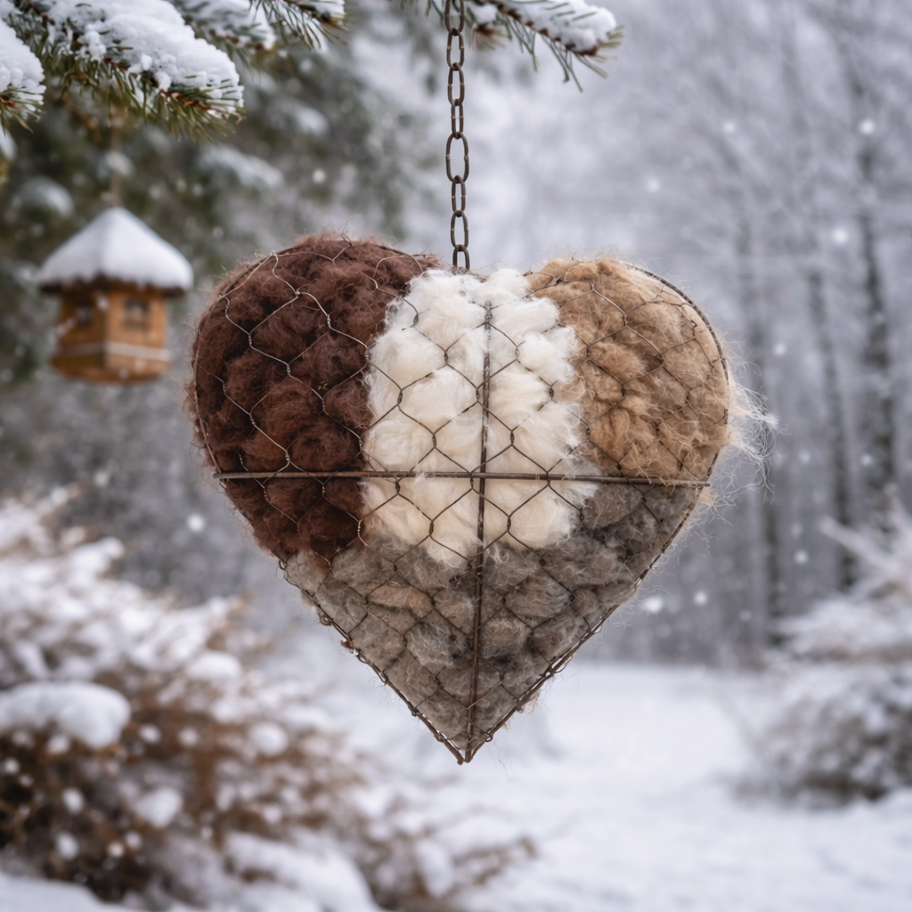 Hanging Bird Nesting Heart Decor with Natural Alpaca Fiber – Rustic Outdoor Garden Ornament 0