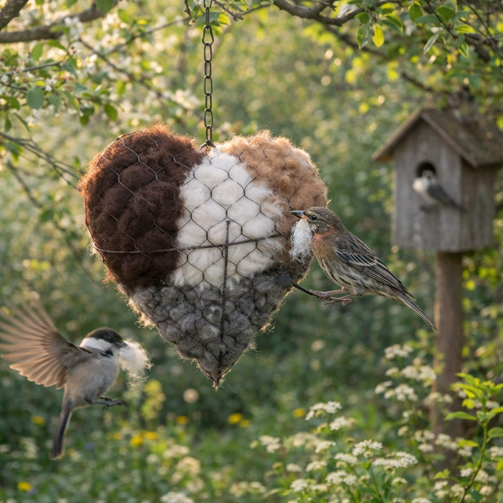 Hanging Bird Nesting Heart Decor with Natural Alpaca Fiber – Rustic Outdoor Garden Ornament 3
