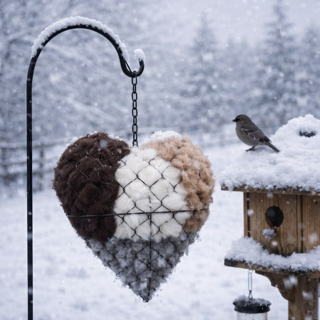 Hanging Bird Nesting Heart Decor with Natural Alpaca Fiber – Rustic Outdoor Garden Ornament 4