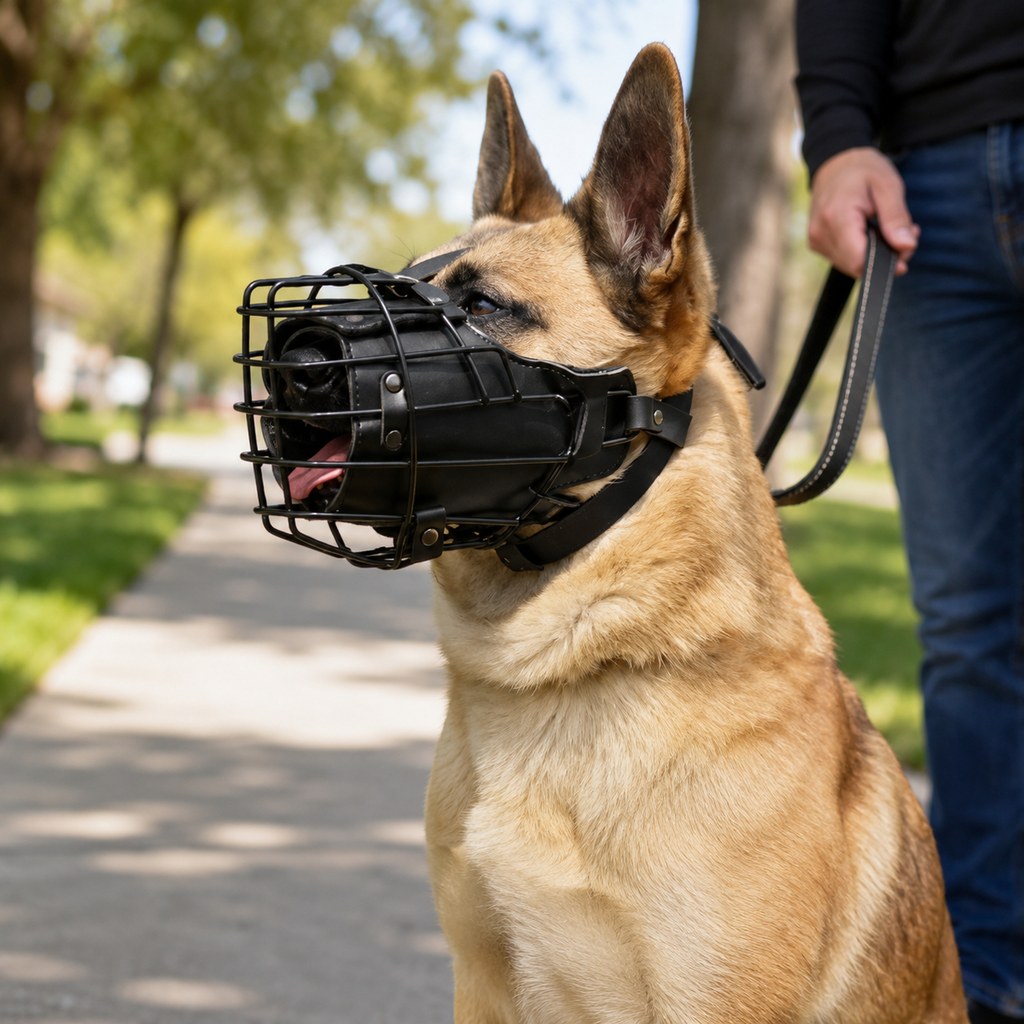 Heavy-duty basket muzzle for dogs, featuring adjustable straps for a secure fit, designed specifically for large breeds. 0