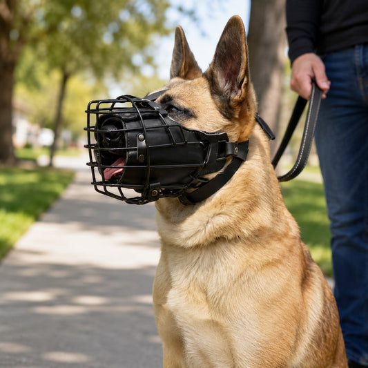 Heavy-duty basket muzzle for dogs, featuring adjustable straps for a secure fit, designed specifically for large breeds. 0