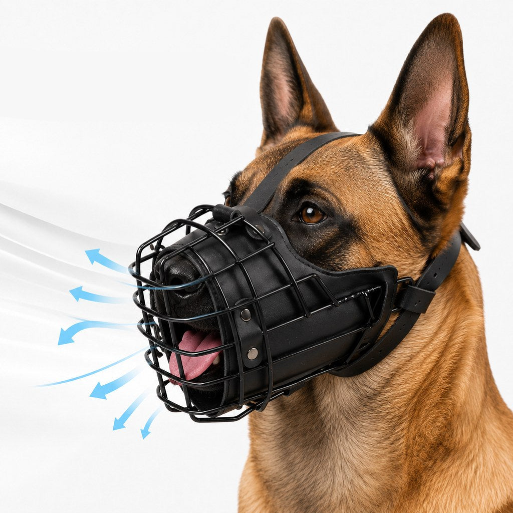 Heavy-duty basket muzzle for dogs, featuring adjustable straps for a secure fit, designed specifically for large breeds. 5