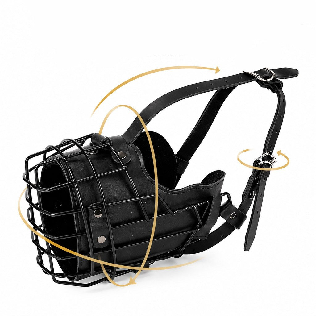Heavy-duty basket muzzle for dogs, featuring adjustable straps for a secure fit, designed specifically for large breeds. 6