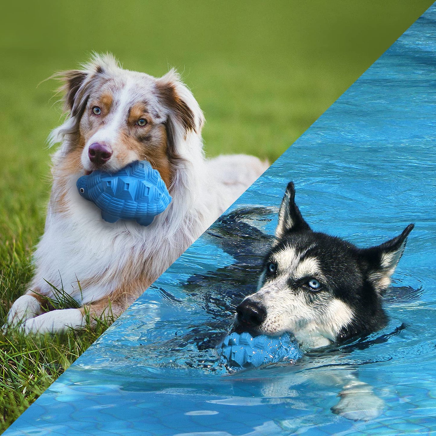 Heavy duty blue rubber dog toy designed for aggressive chewers, featuring a squeaker, perfect for large dogs. 5