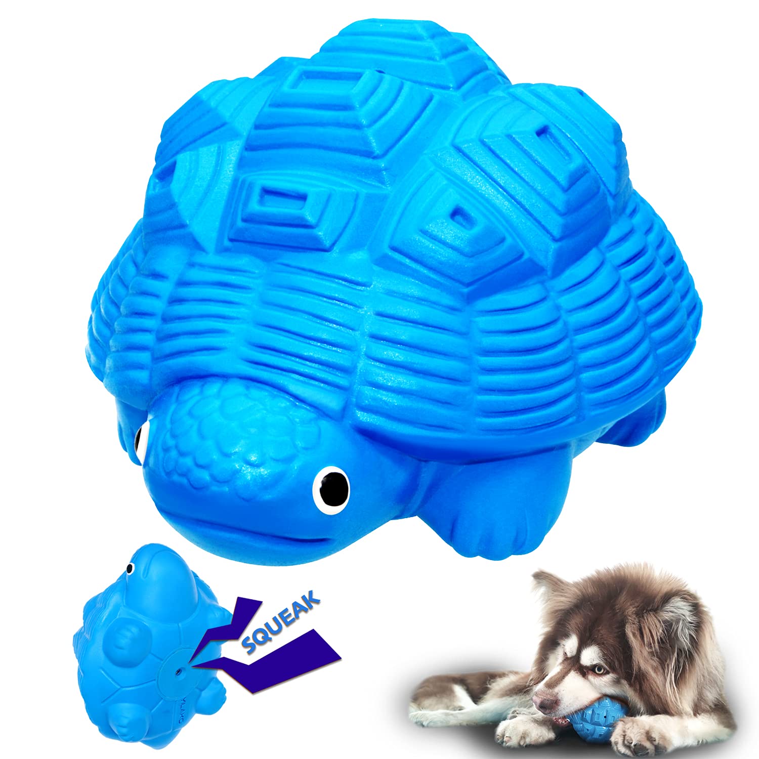 Heavy duty blue rubber dog toy designed for aggressive chewers, featuring a squeaker, perfect for large dogs. 6