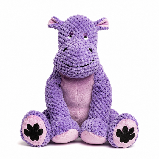 Hippo dog plush toy with squeaker, featuring a soft floppy design perfect for interactive play and cuddling. 0