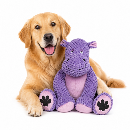 Hippo dog plush toy with squeaker, featuring a soft floppy design perfect for interactive play and cuddling. 1