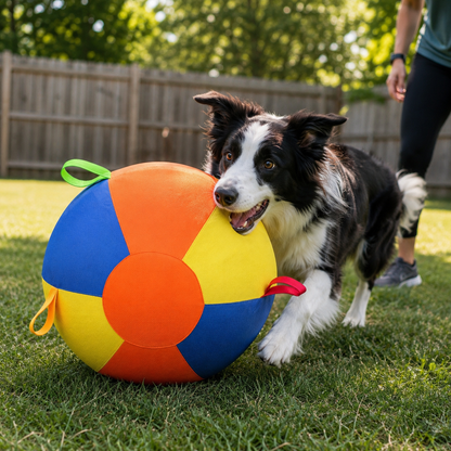Inflatable dog toy designed for outdoor play, featuring a durable push and chase design in bright colors for easy visibility. 1