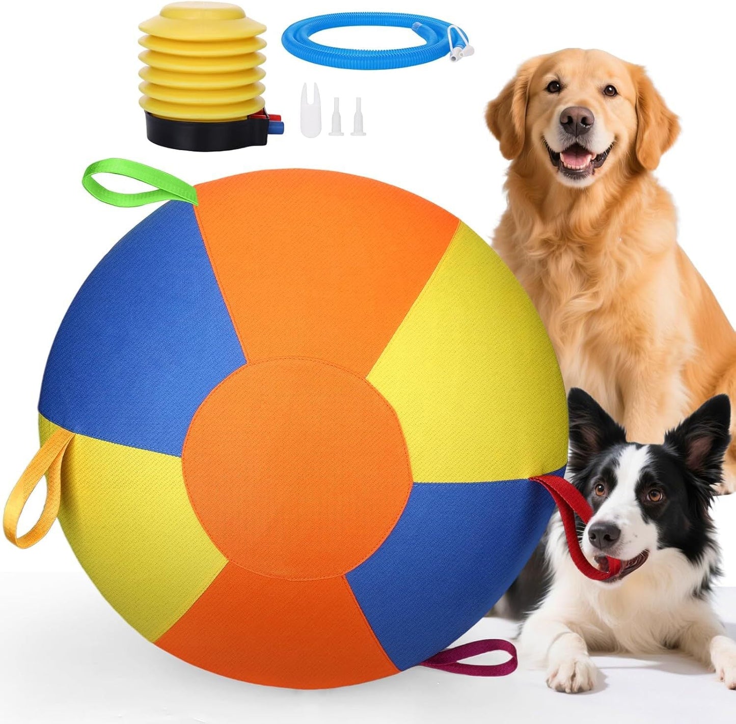 Inflatable dog toy designed for outdoor play, featuring a durable push and chase design in bright colors for easy visibility. 9