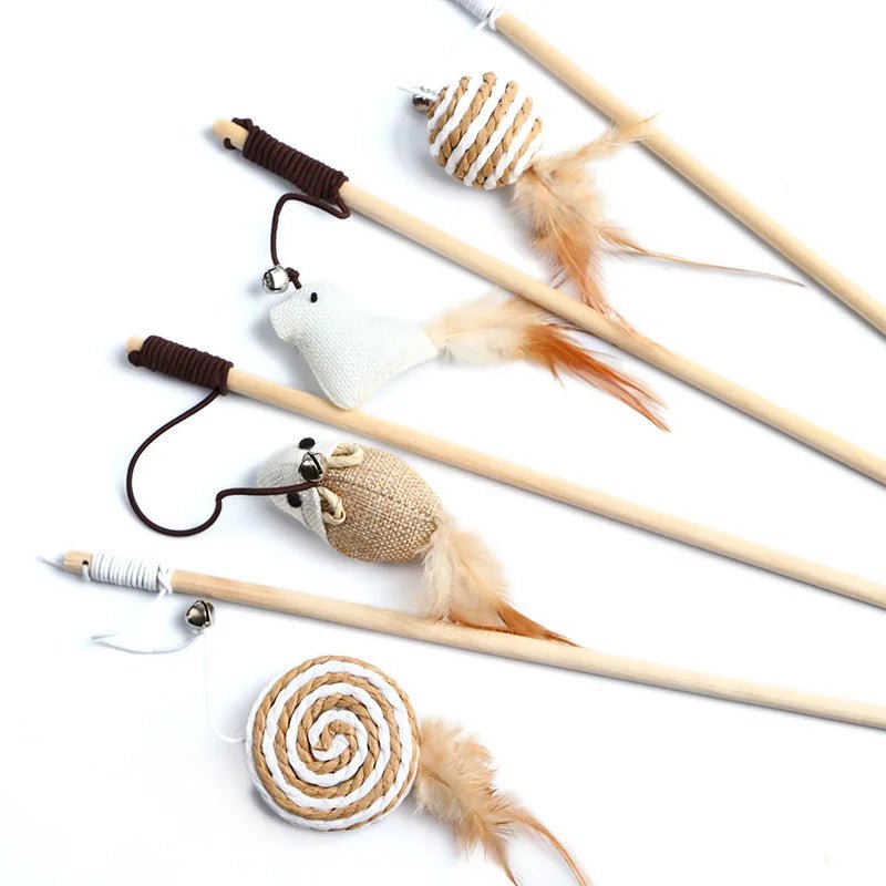 Interactive Cat Feather Rod Toy – 40 cm Wooden Stick with Flexible Spring Hanger for Engaging Play and Exercise 1