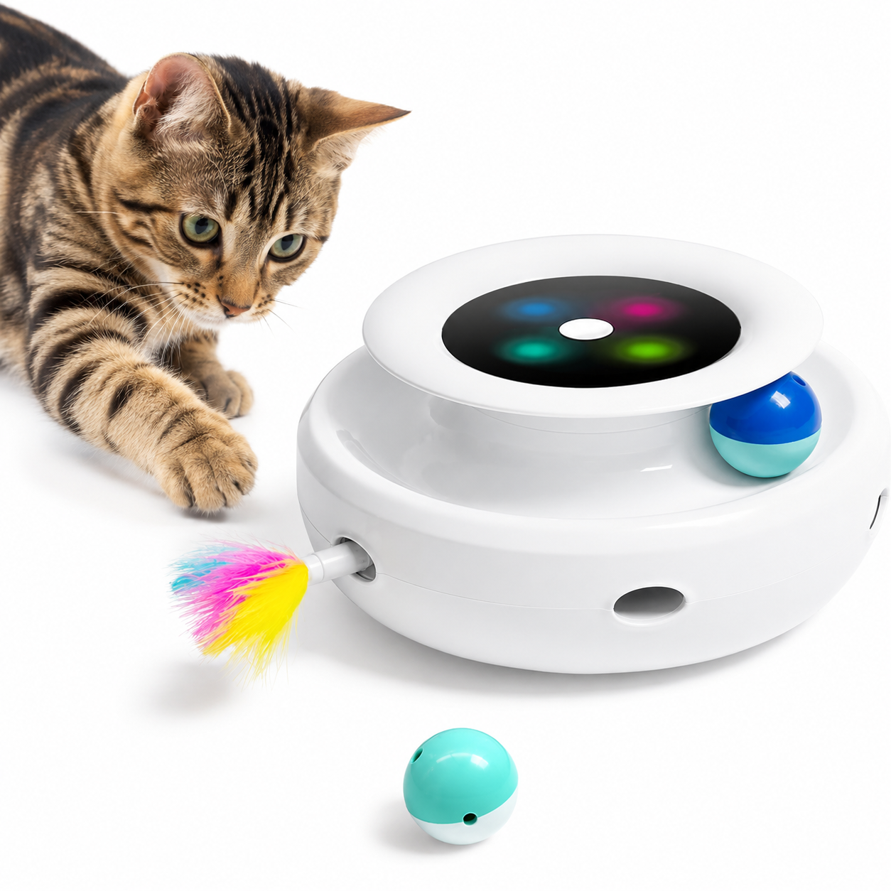 Interactive cat toy featuring an automatic feather and rolling ball for stimulating play, designed to keep your feline engaged with its 2-in-1 functionality. 0