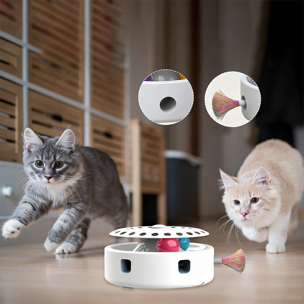 Interactive cat toy featuring a ball track and catnip, designed in a 4-in-1 tumbler style for indoor play, perfect for engaging and 0
