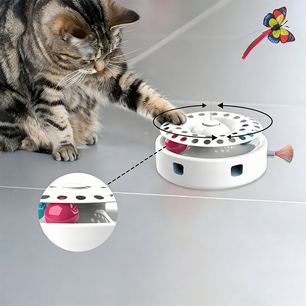 Interactive cat toy featuring a ball track and catnip, designed in a 4-in-1 tumbler style for indoor play, perfect for engaging and 2