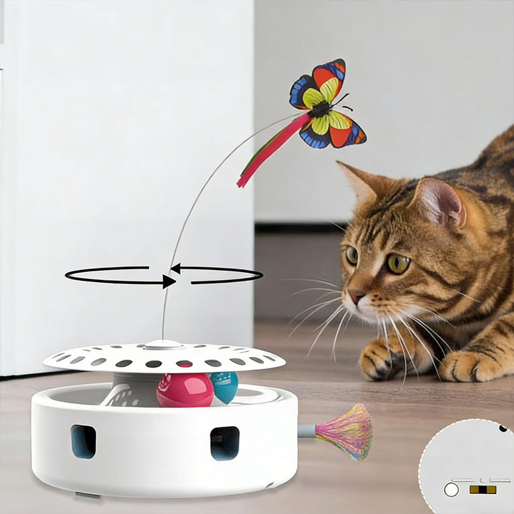 Interactive cat toy featuring a ball track and catnip, designed in a 4-in-1 tumbler style for indoor play, perfect for engaging and 3