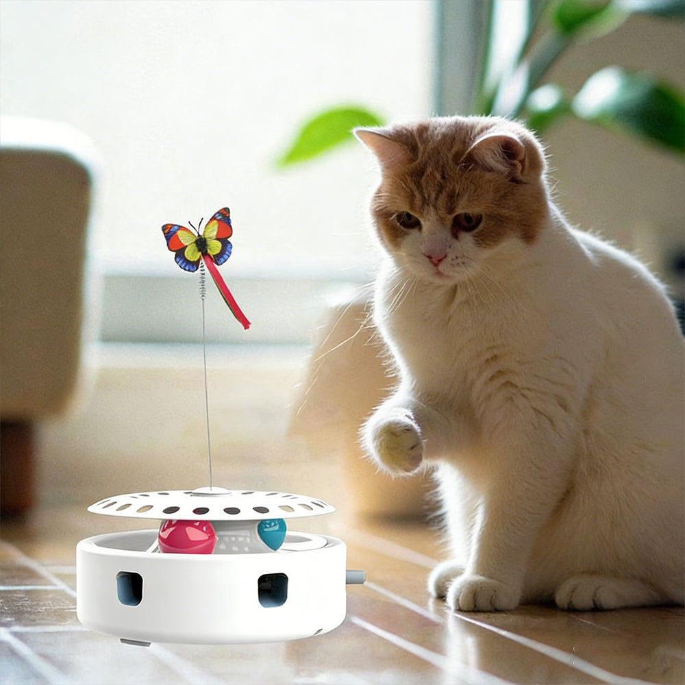 Interactive cat toy featuring a ball track and catnip, designed in a 4-in-1 tumbler style for indoor play, perfect for engaging and 4
