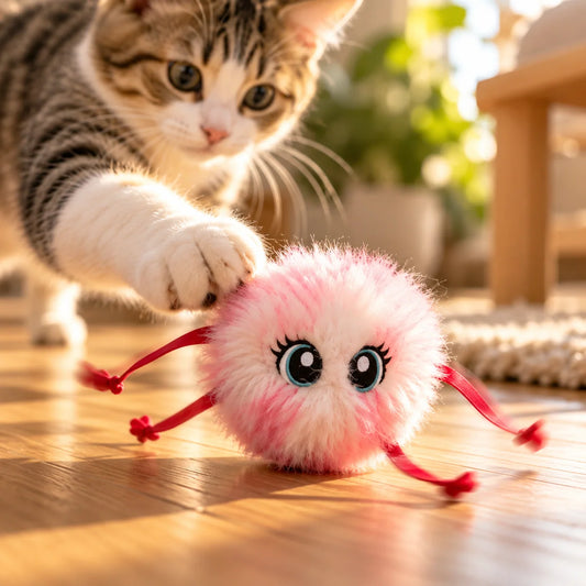 Interactive cat toy featuring rolling movement and a soft, fluffy exterior, designed for indoor play to keep energetic cats entertained and engaged. 0