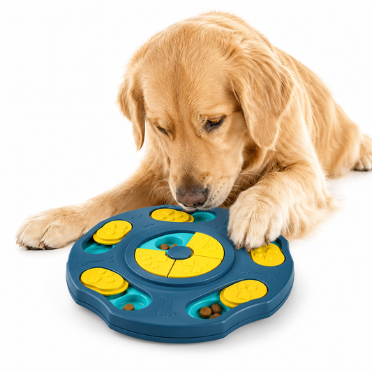Interactive dog puzzle toy designed for mental stimulation, featuring a beginner level difficulty, made from durable plastic, and available in vibrant multi-color options. 0