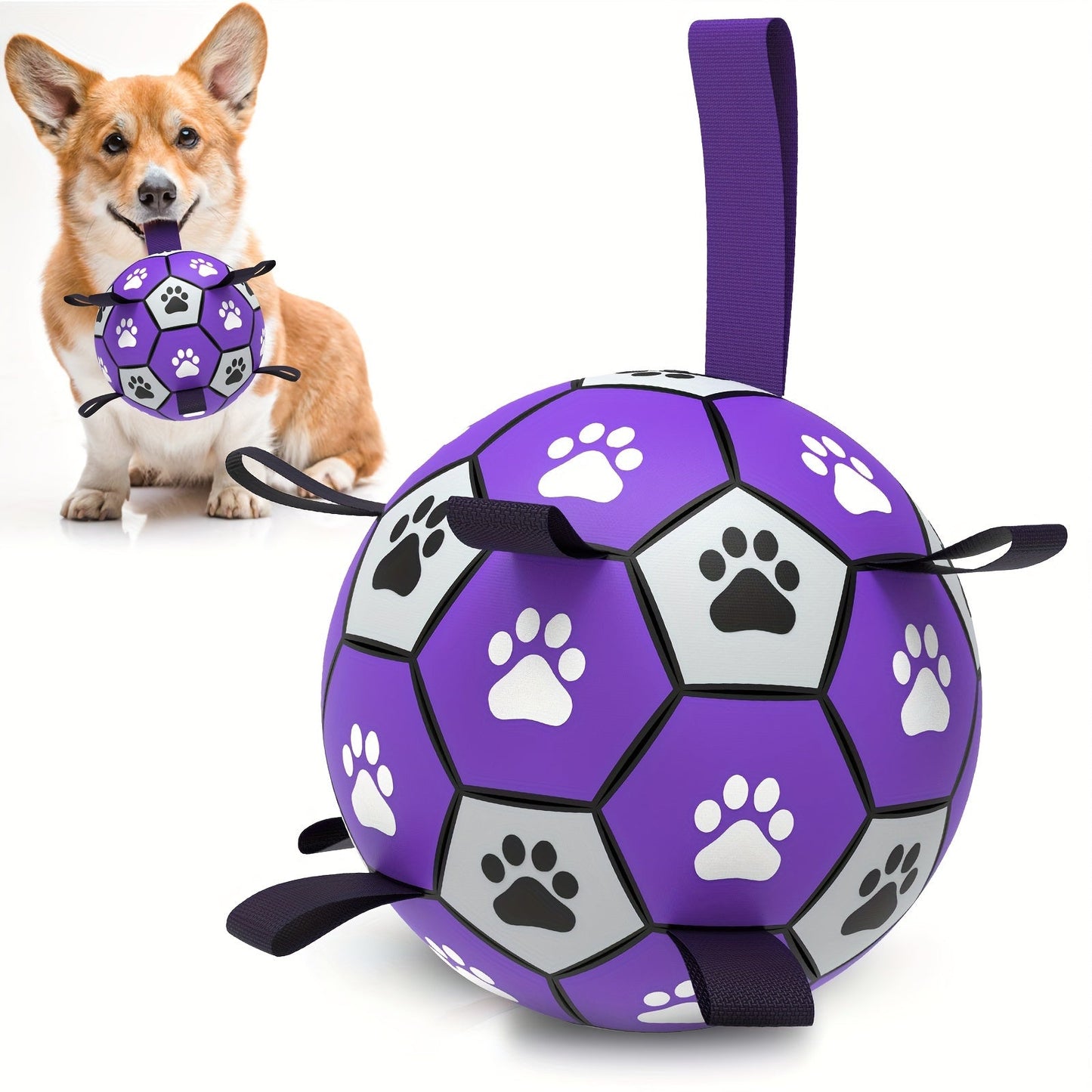Interactive dog soccer ball featuring easy-grip straps, designed for active play and training, suitable for both indoor and outdoor use, made from durable materials for 8