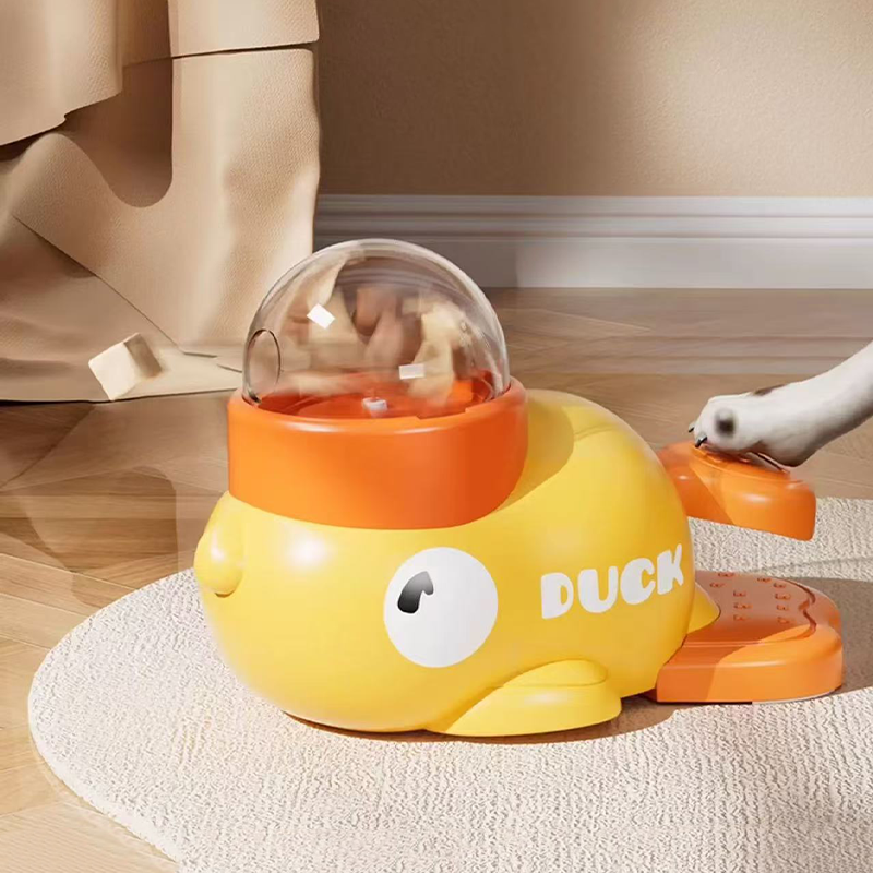 Interactive dog toy treat dispenser in a playful duck shape, featuring adjustable lids for customizable difficulty, designed to enhance mental stimulation and keep pets engaged. 0