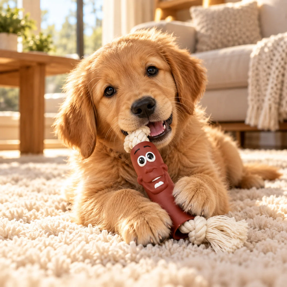 Interactive dog toy featuring a fun sausage design with chew rope ends, perfect for tugging and chewing; made from durable fabric, measuring 30cm. 0