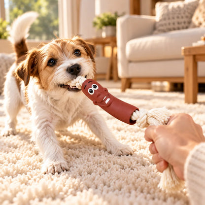 Interactive dog toy featuring a fun sausage design with chew rope ends, perfect for tugging and chewing; made from durable fabric, measuring 30cm. 1