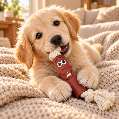 Interactive dog toy featuring a fun sausage design with chew rope ends, perfect for tugging and chewing; made from durable fabric, measuring 30cm. 3