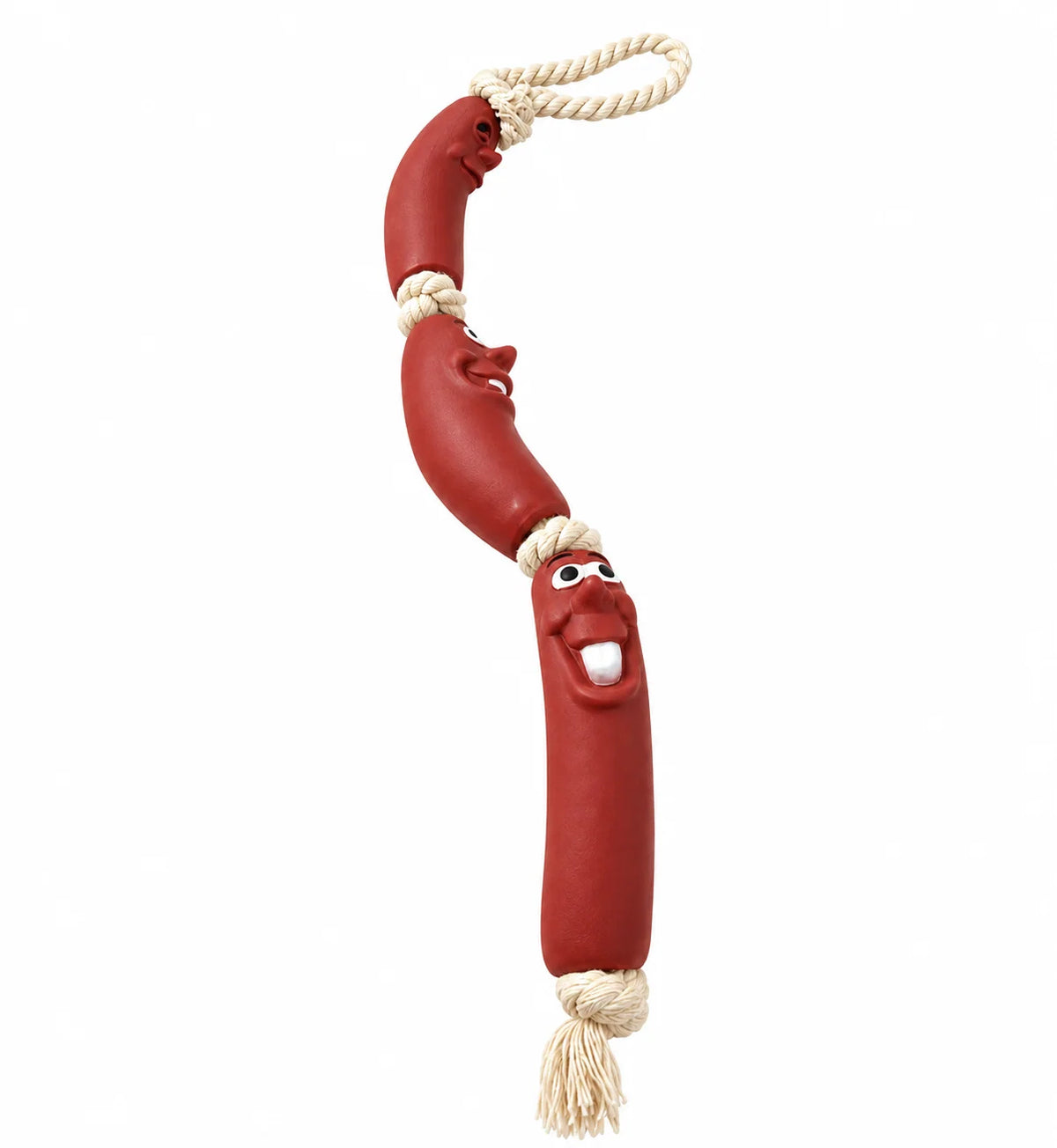 Interactive dog toy featuring a fun sausage design with chew rope ends, perfect for tugging and chewing; made from durable fabric, measuring 30cm. 5