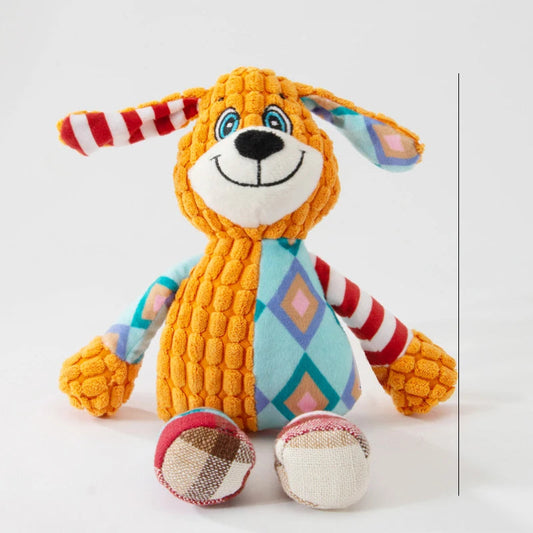 Interactive plush dog toy featuring a durable design with a squeaking sound, perfect for keeping your pet engaged and entertained. 0