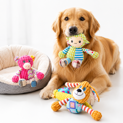 Interactive plush dog toy featuring a durable design with a squeaking sound, perfect for keeping your pet engaged and entertained. 1