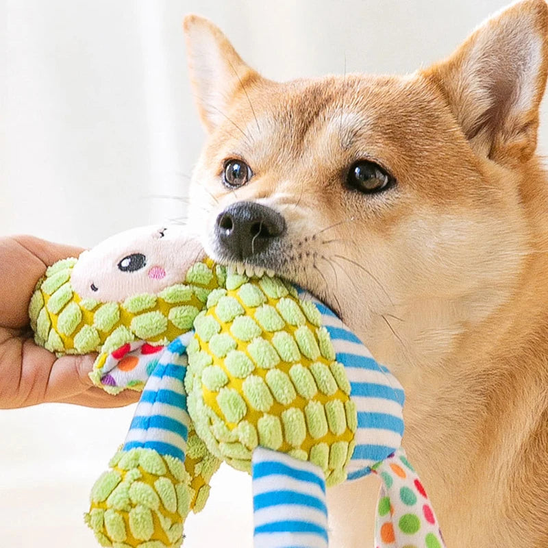 Interactive plush dog toy featuring a durable design with a squeaking sound, perfect for keeping your pet engaged and entertained. 5