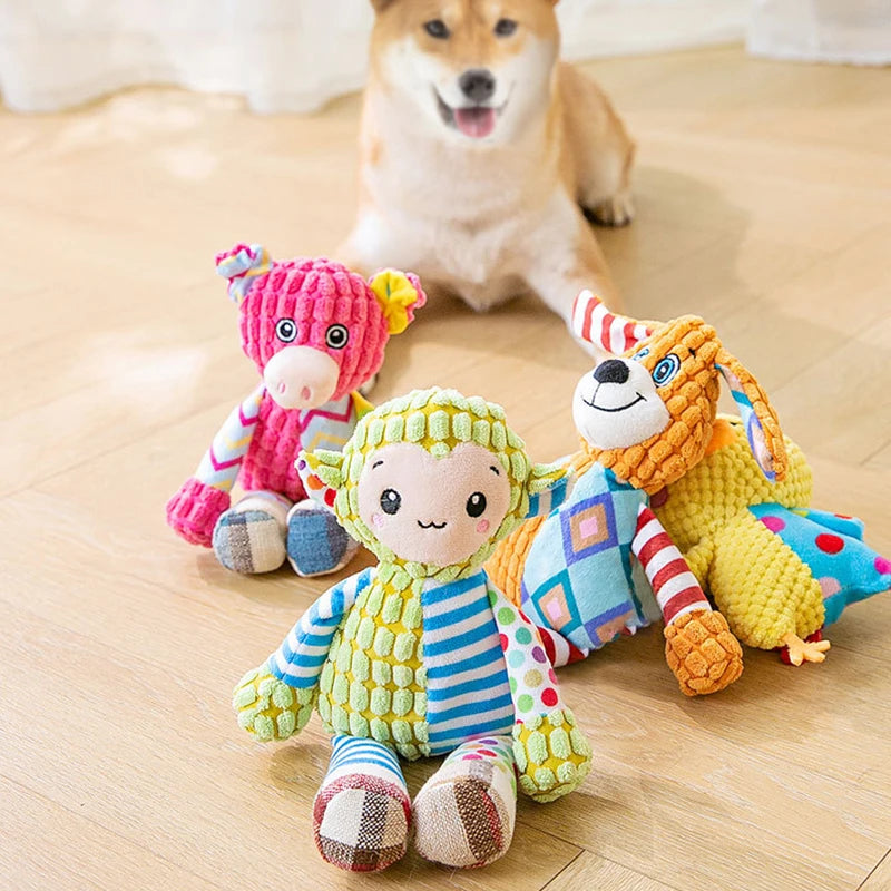 Interactive plush dog toy featuring a durable design with a squeaking sound, perfect for keeping your pet engaged and entertained. 7