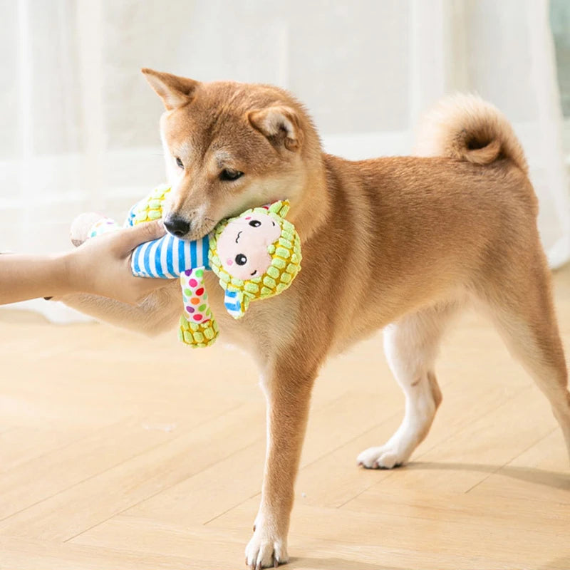 Interactive plush dog toy featuring a durable design with a squeaking sound, perfect for keeping your pet engaged and entertained. 8