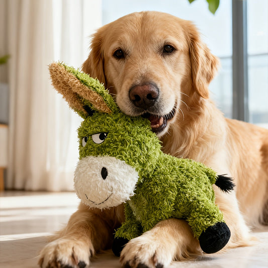 Interactive plush pet toy featuring a squeaky chew design, designed for durability and easy washing, perfect for both dogs and cats. 0